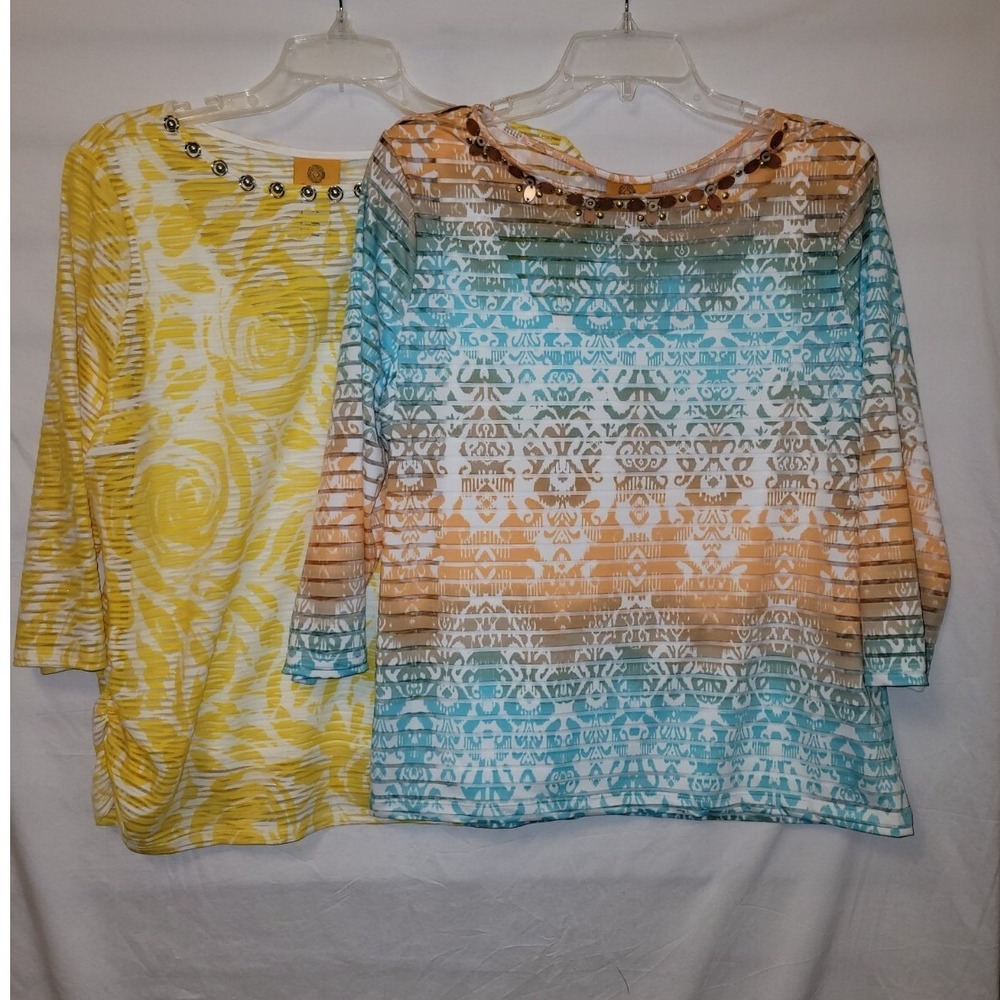 Ruby Rd Petite Lot‎ of 2 3/4 Sleeve Tops Yellow Floral Teal Geometric PL